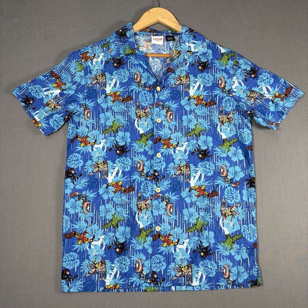 Marvel Avengers Hawaiian Camp Shirt Button Up AOP Cotton Blue Small Mens